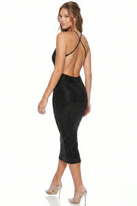 Rhinestone Slinky Foil High Halter Mini Dress