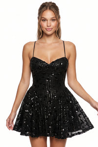 Flower Sequins Flared Mini Dress