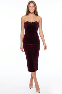 Twisted Rhinestone Bust Velvet Midi Dress