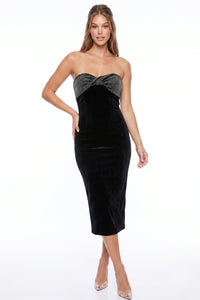 Twisted Rhinestone Bust Velvet Midi Dress