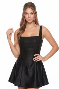 Satin Rhinestone Fit And Flare Mini Dress
