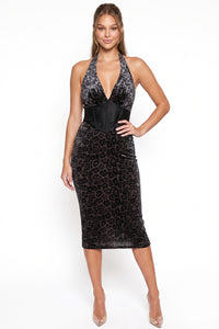 Leopard Print Velvet Midi Dress