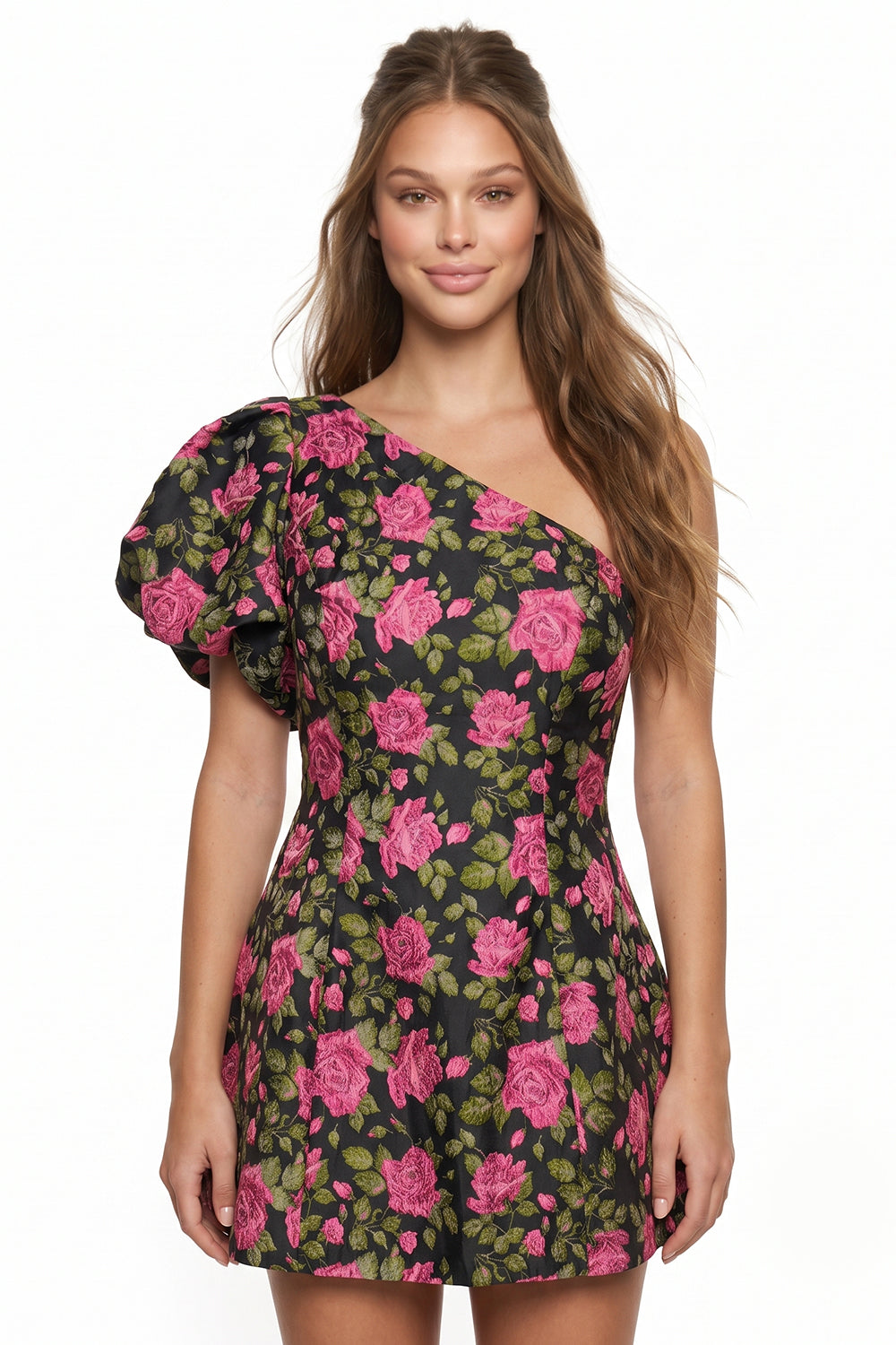One Shoulder Floral Jacquard Mini Dress