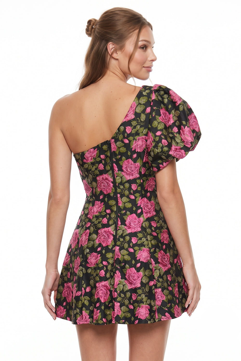 One Shoulder Floral Jacquard Mini Dress