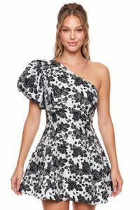 One Shoulder Floral Jacquard Mini Dress