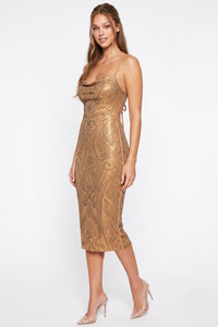 Patterned Rhinestone On Foil Midi Dress