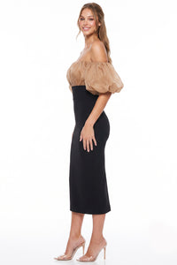 Shimmer Mesh Top Off Shoulder Midi Dress