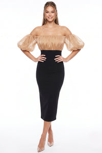 Shimmer Mesh Top Off Shoulder Midi Dress