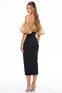 Shimmer Mesh Top Off Shoulder Midi Dress