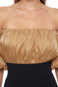 Shimmer Mesh Top Off Shoulder Midi Dress