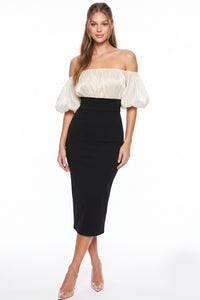 Shimmer Mesh Top Off Shoulder Midi Dress