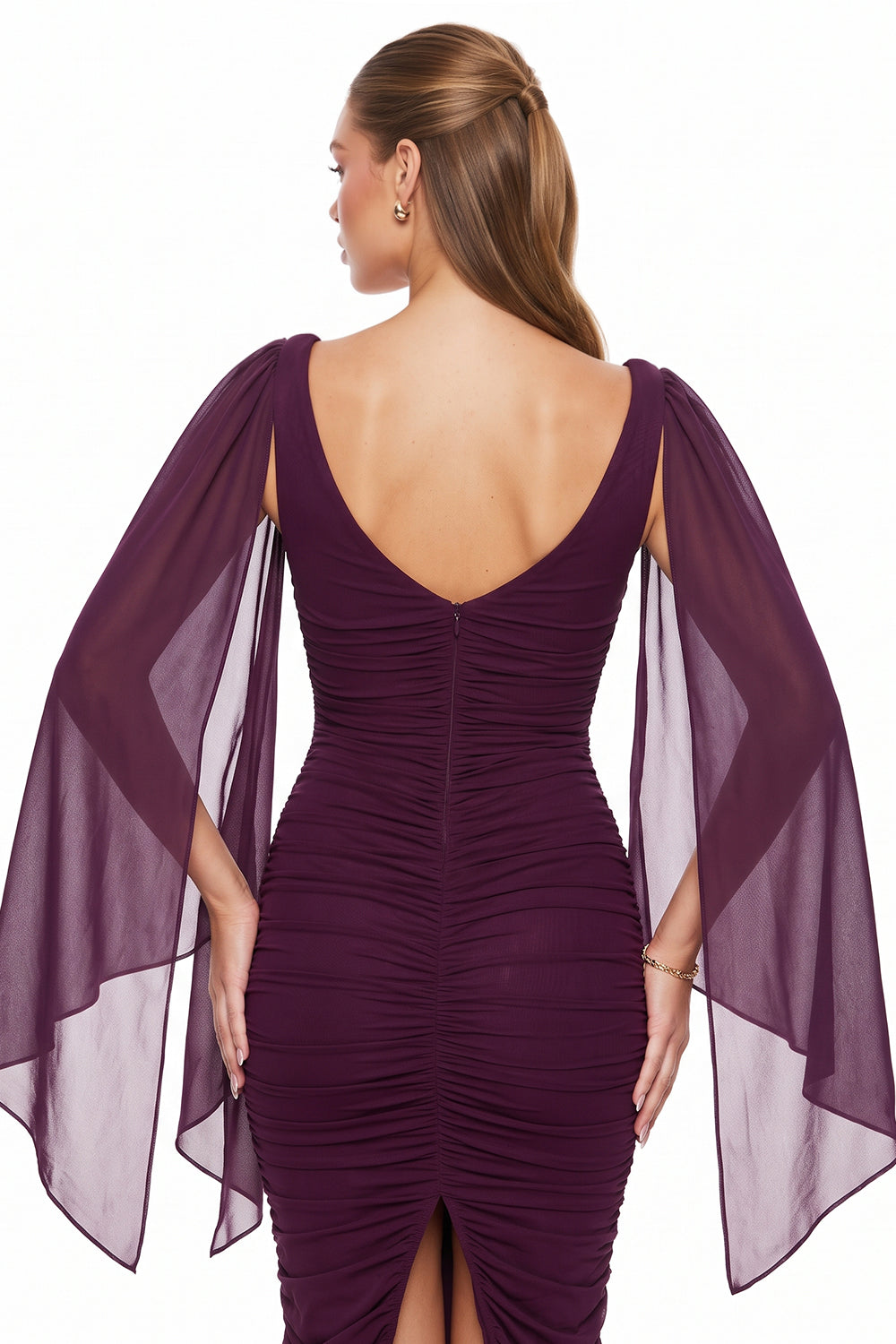Ruched Draped Cape Sleeve Midi Dress