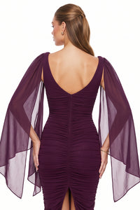 Ruched Draped Cape Sleeve Midi Dress