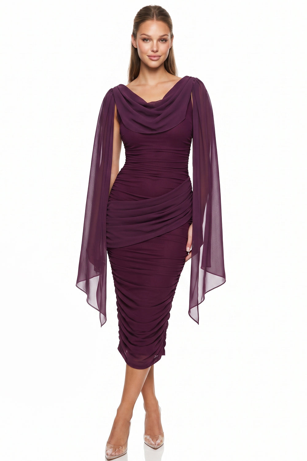 Ruched Draped Cape Sleeve Midi Dress