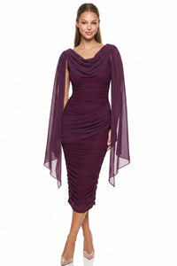 Ruched Draped Cape Sleeve Midi Dress