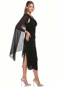 Ruched Draped Cape Sleeve Midi Dress