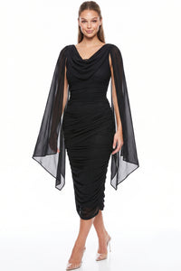 Ruched Draped Cape Sleeve Midi Dress