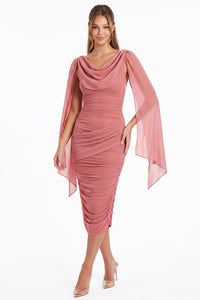 Ruched Draped Cape Sleeve Midi Dress