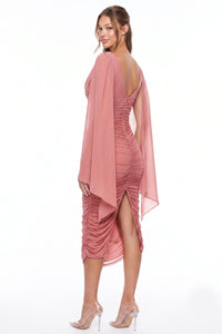 Ruched Draped Cape Sleeve Midi Dress