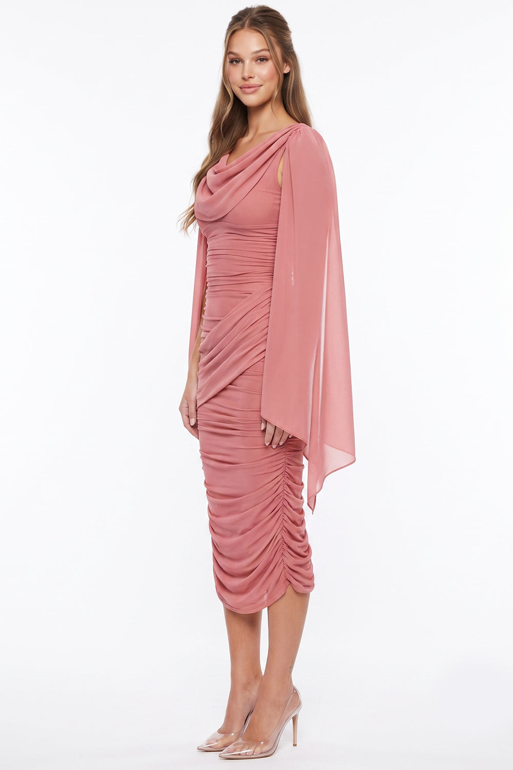 Ruched Draped Cape Sleeve Midi Dress
