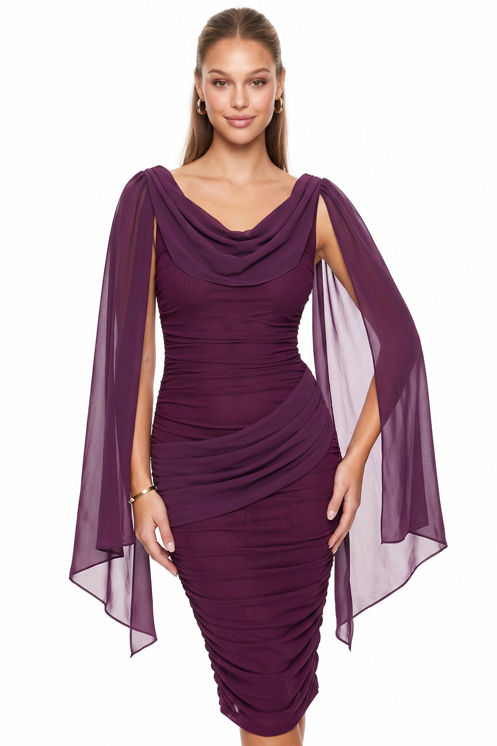 Ruched Draped Cape Sleeve Midi Dress