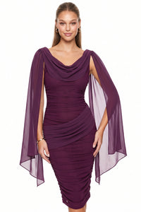 Ruched Draped Cape Sleeve Midi Dress
