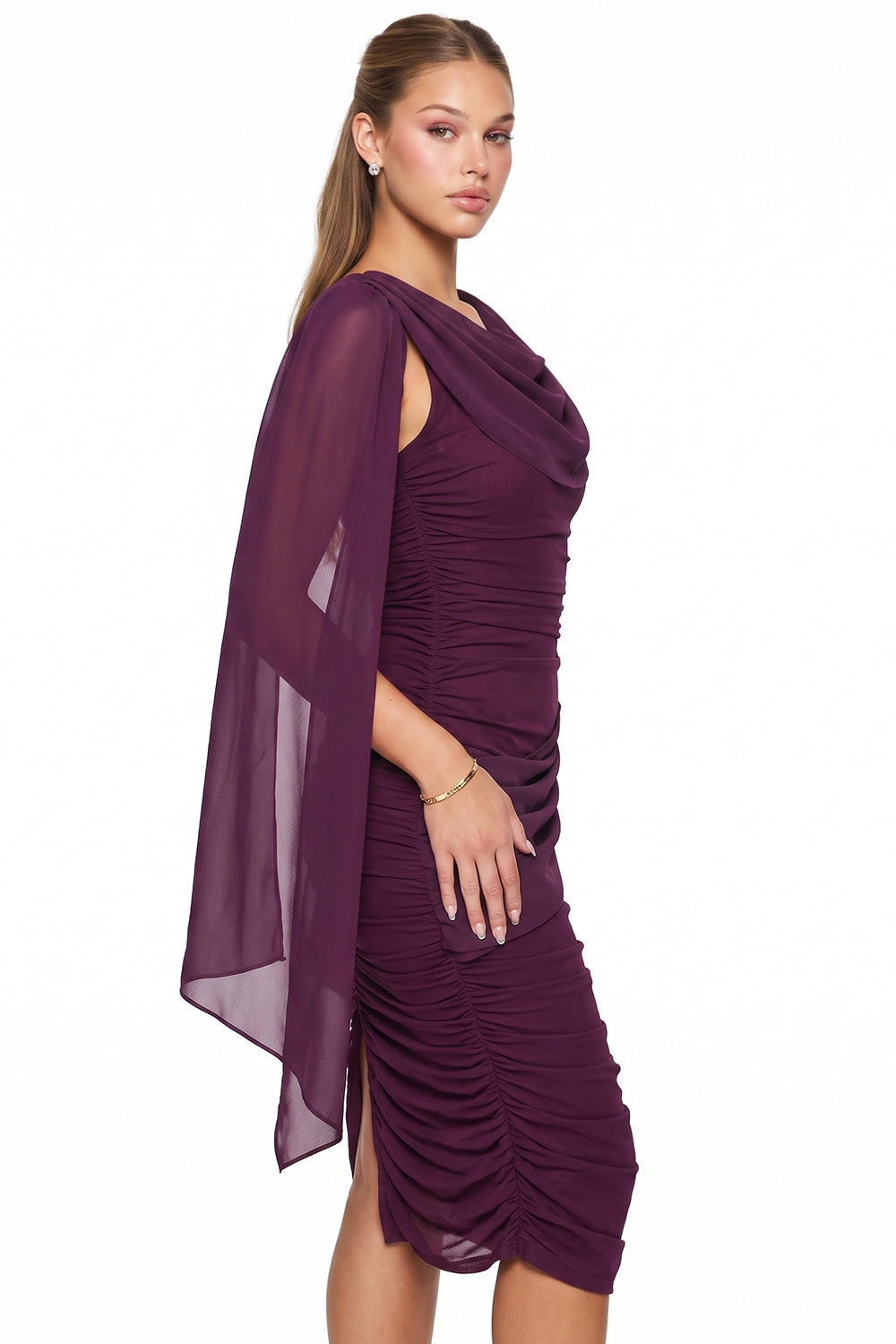 Ruched Draped Cape Sleeve Midi Dress