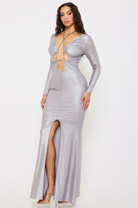Symphony Dress - Metal Rhinestone Neck Strap Mesh Maxi Dress | Zezebe