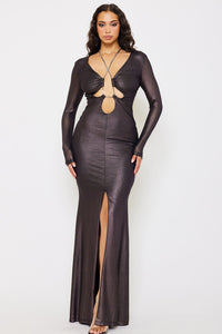 Symphony Dress - Metal Rhinestone Neck Strap Mesh Maxi Dress | Zezebe