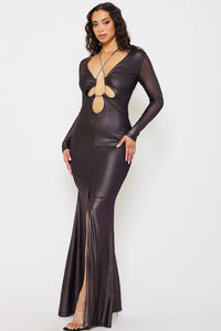 Symphony Dress - Metal Rhinestone Neck Strap Mesh Maxi Dress | Zezebe