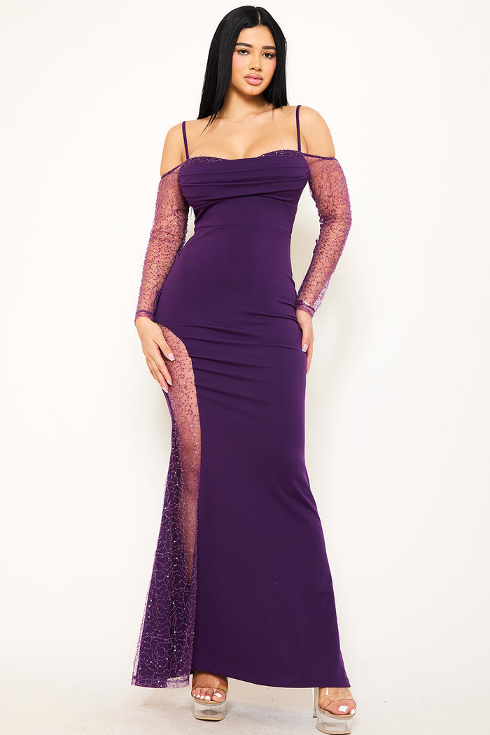 Symphony Dress - Beaded Mesh Paneled Maxi Dress | Zezebe