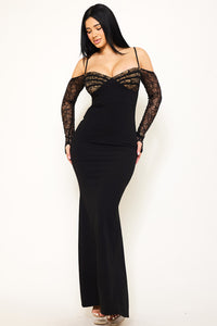 Lace Paneled With Piping On Bust Maxi Dress
