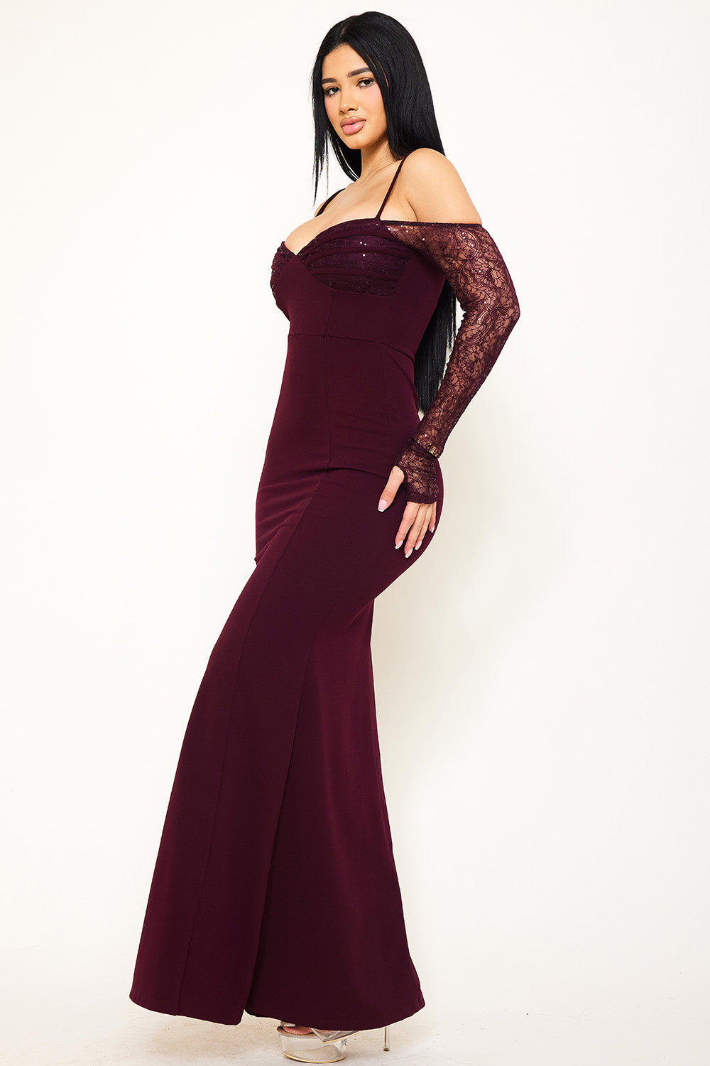 Lace Paneled With Piping On Bust Maxi Dress