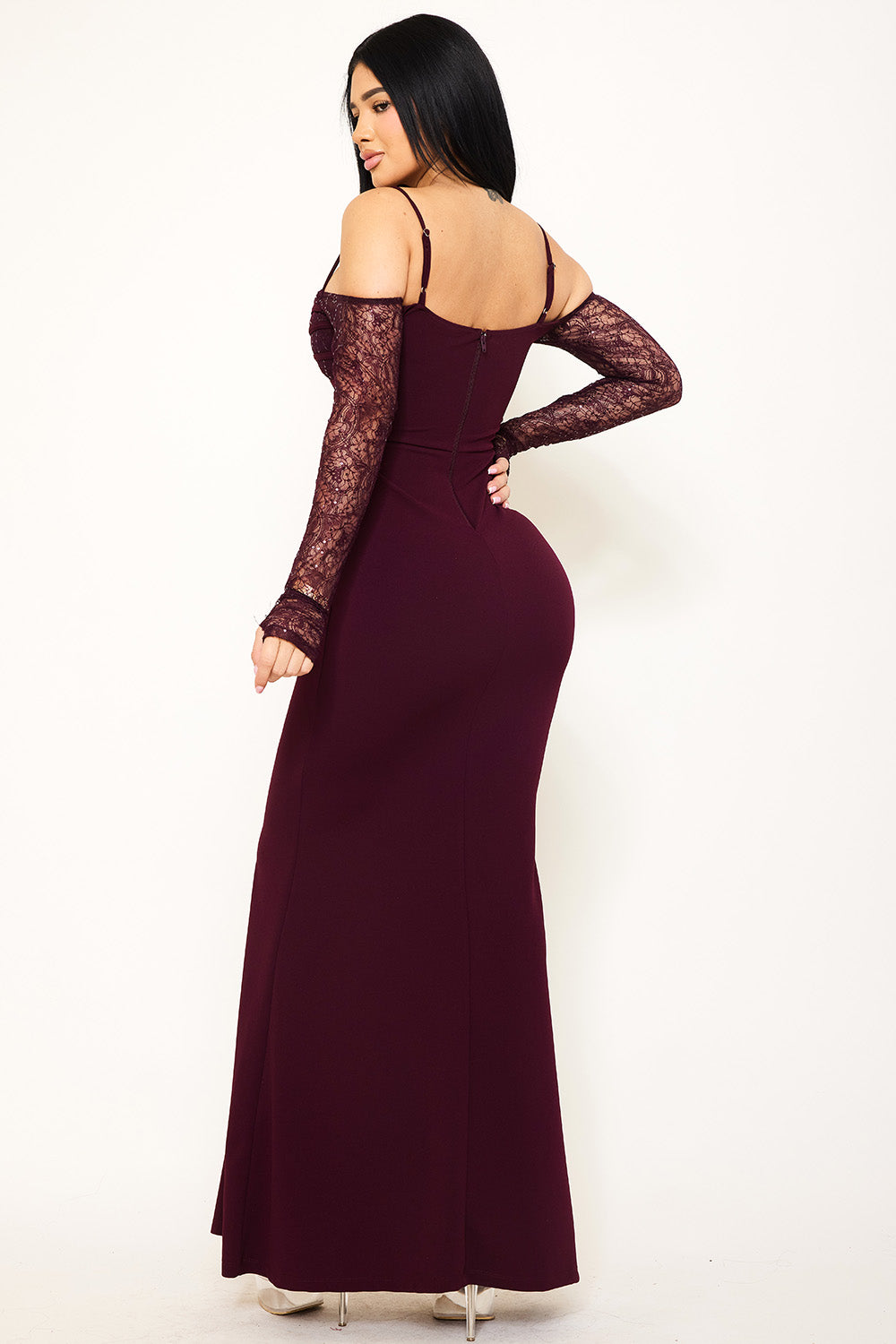 Lace Paneled With Piping On Bust Maxi Dress