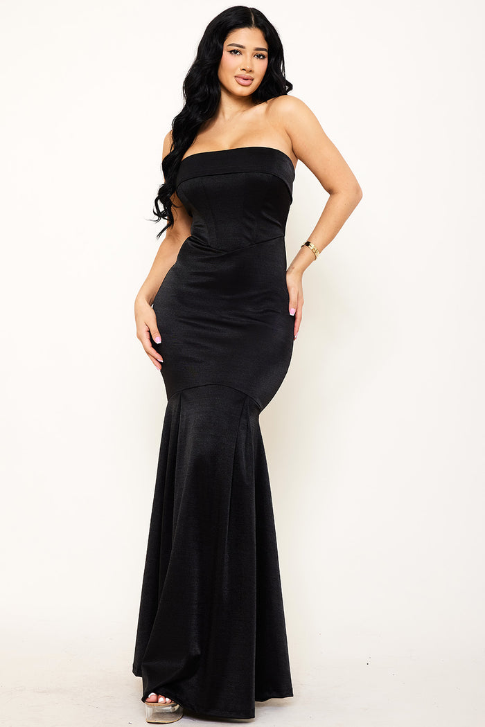 Symphony Dress - Metallic Satin Tube Top Mermaid Maxi Dress | Zezebe