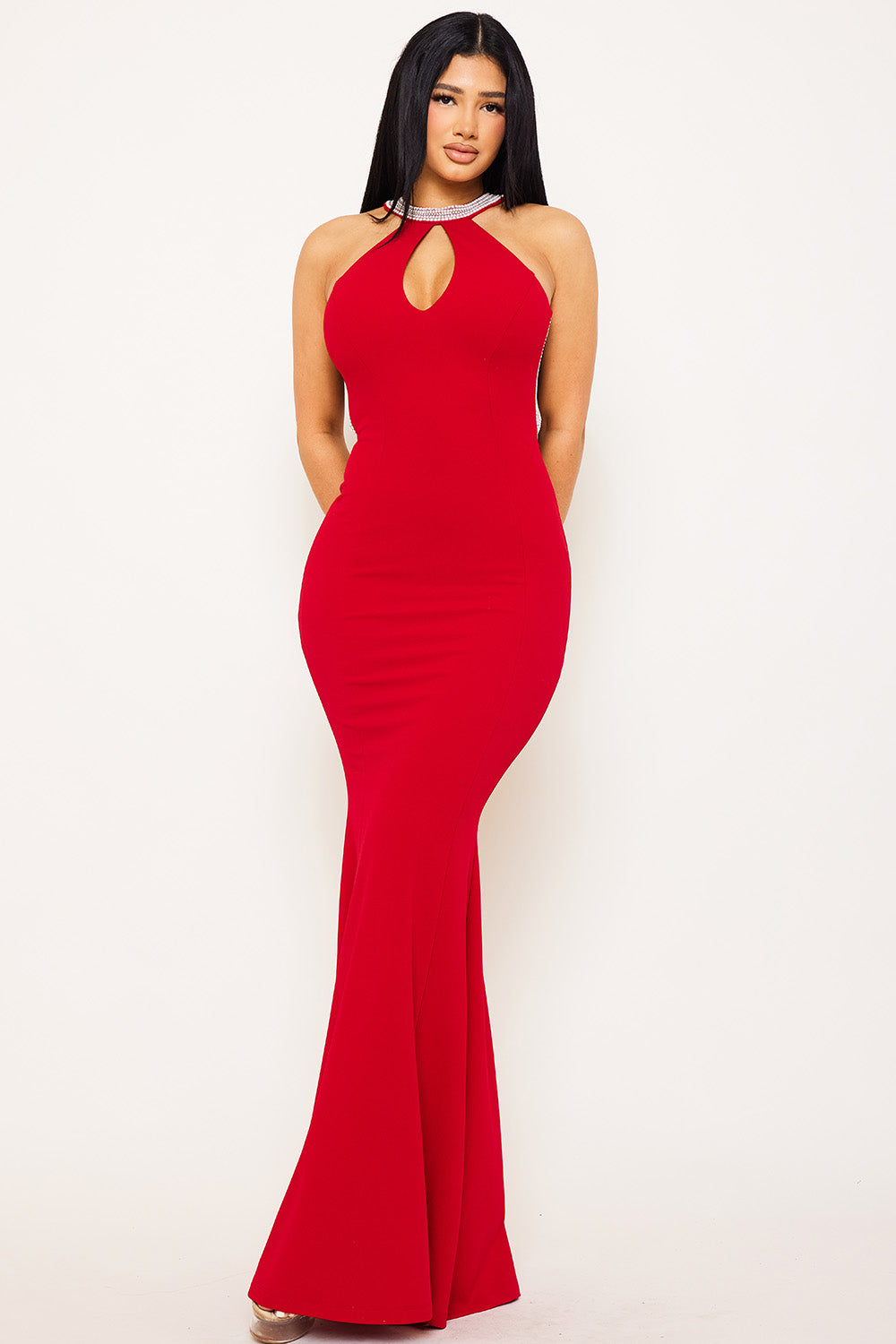 Pearl Back Halter Neck Mermaid Maxi Dress
