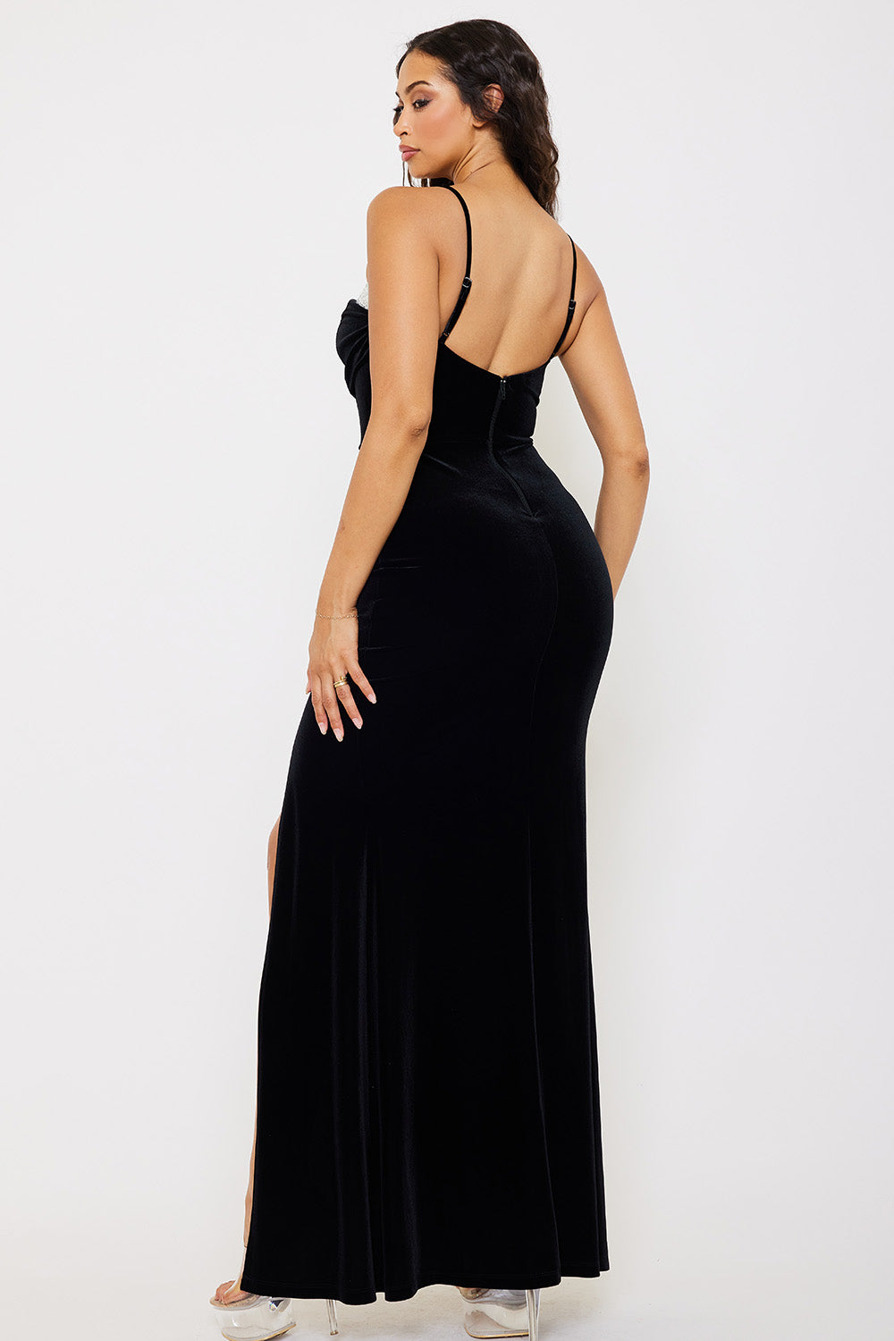 Symphony Dress - Rhinestone And Pearl Panelled On Velvet Maxi Dress | Zezebe
