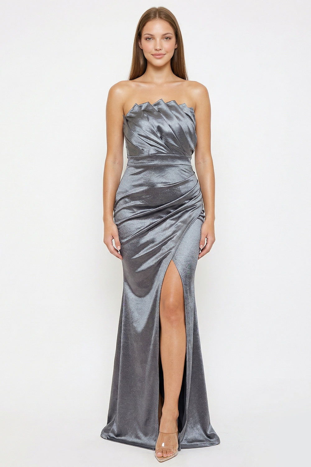 Glittered Satin Pleated Maxi Dress