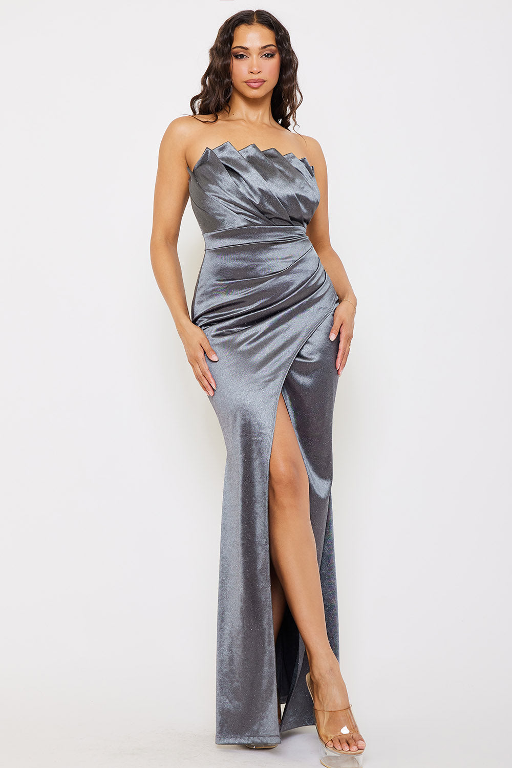 Symphony Dress - Glittered Satin Pleated Maxi Dress | Zezebe