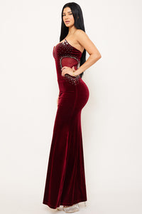 Rhinestone On Velvet With Mesh Panel Maxi Dress