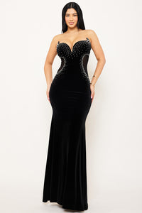 Rhinestone On Velvet With Mesh Panel Maxi Dress