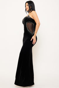 Rhinestone On Velvet With Mesh Panel Maxi Dress