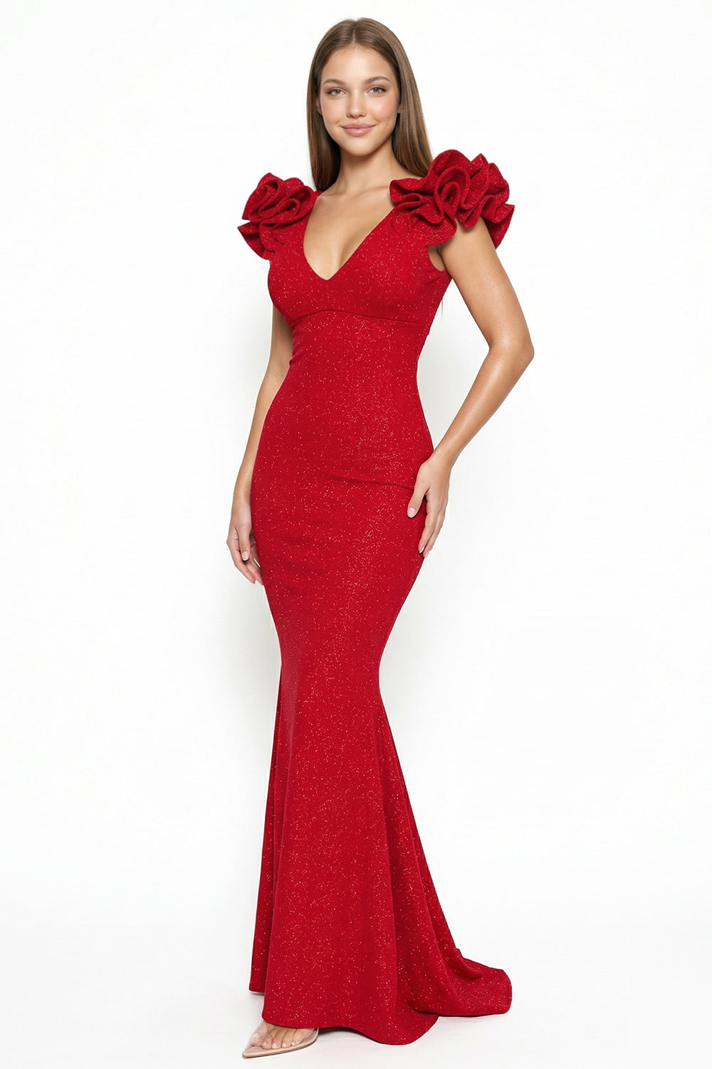 Glittered Ruffle Sleeve Maxi Dress