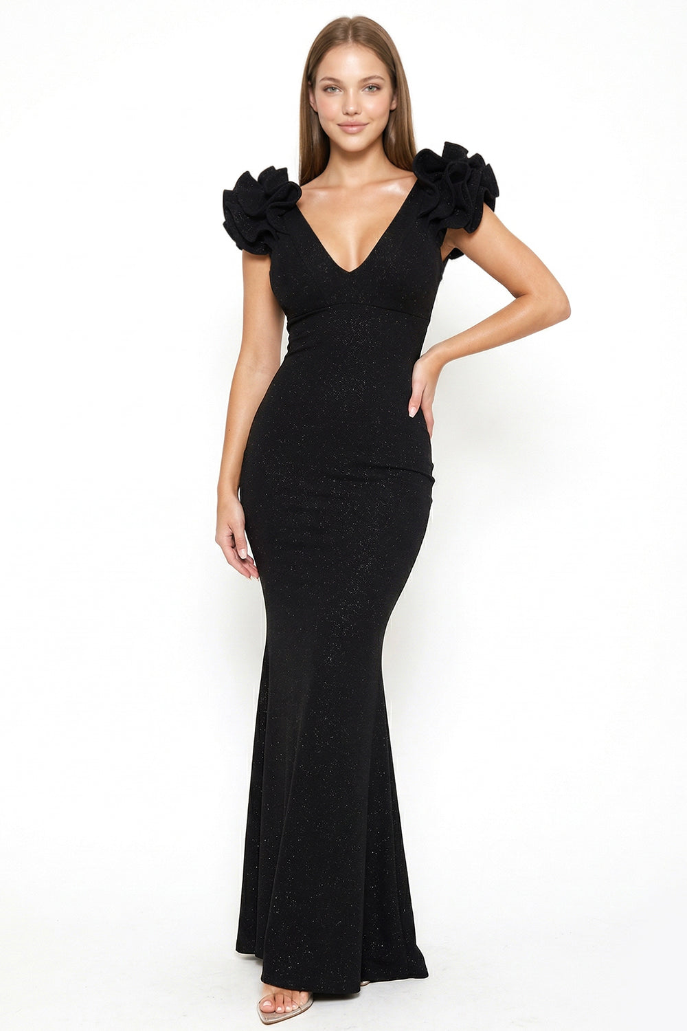 Glittered Ruffle Sleeve Maxi Dress