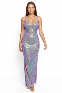Floral Patterned Sequin Mesh Mermaid Maxi Dress