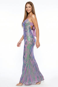 Floral Patterned Sequin Mesh Mermaid Maxi Dress