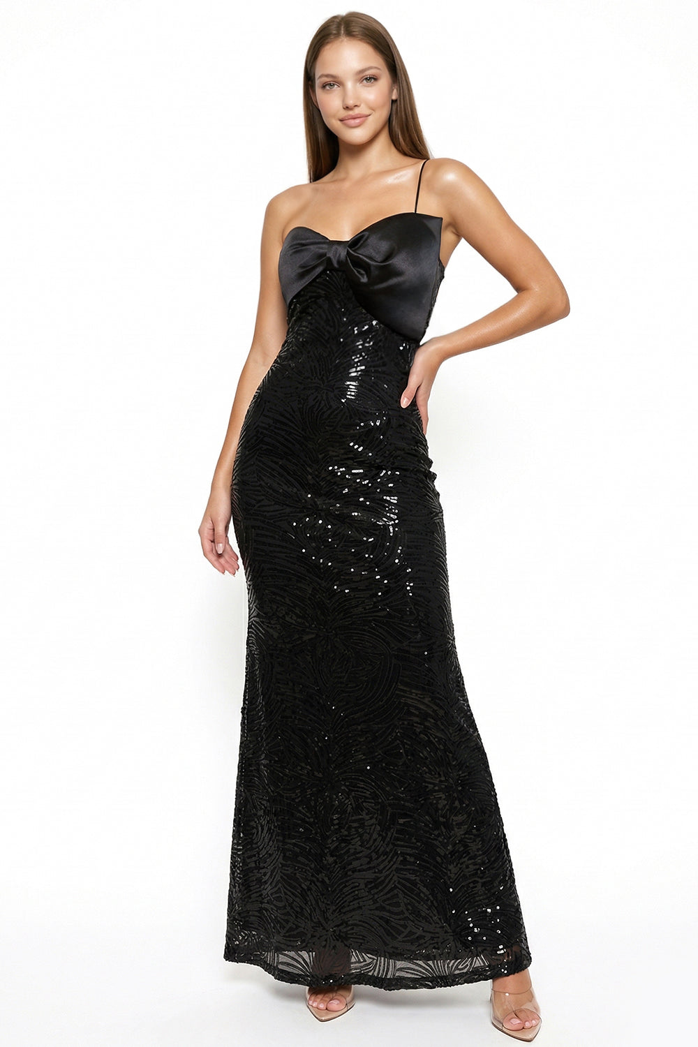 Satin With Patterned Sequin Body Maxi Dress