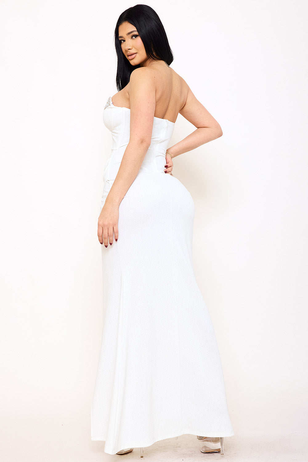 Symphony Dress - Rhinestone Trim On Bust Glittered Maxi Dress | Zezebe