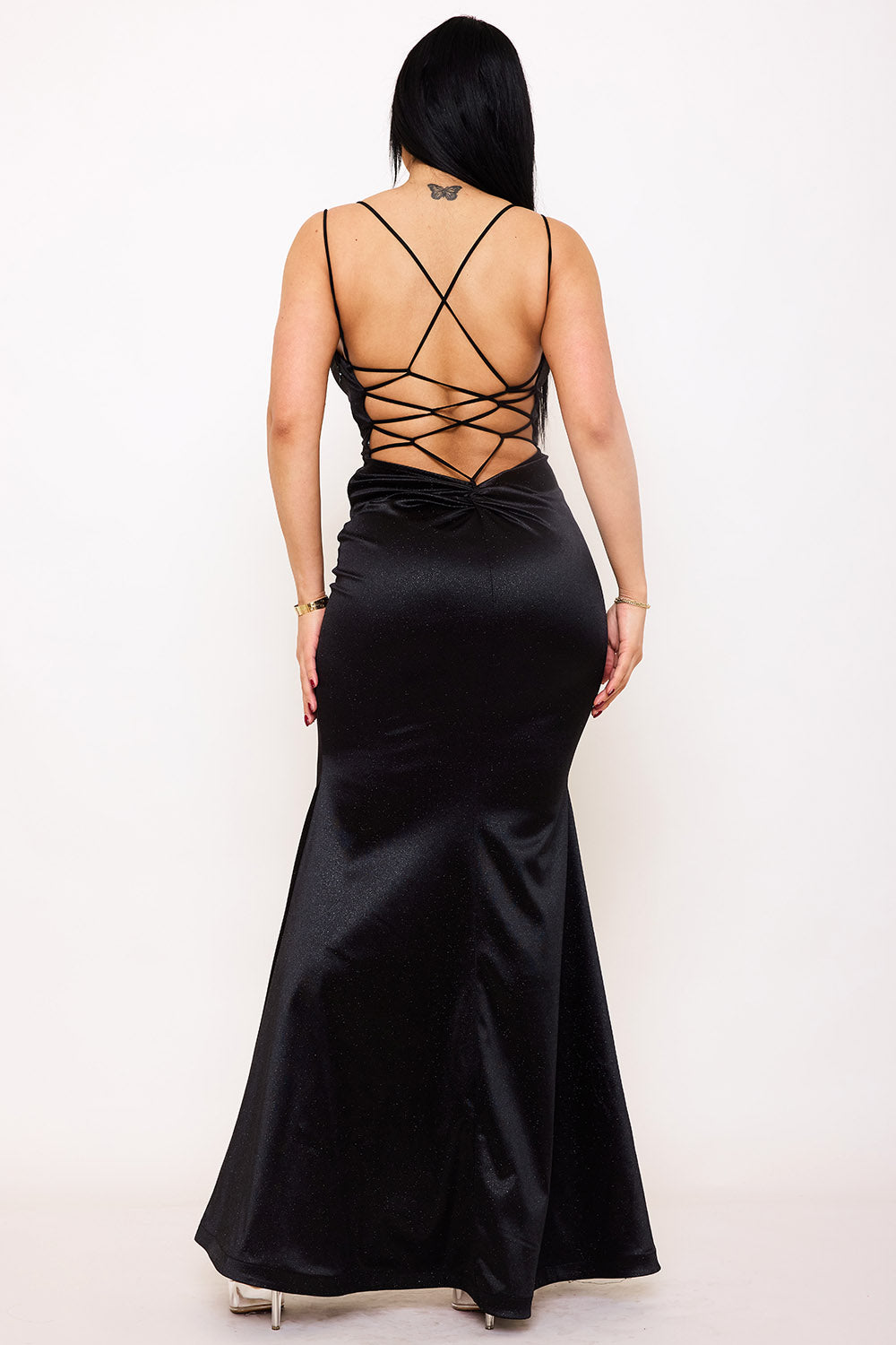 Symphony Dress - Glitter Knit Satin Open Back Maxi Dress | Zezebe