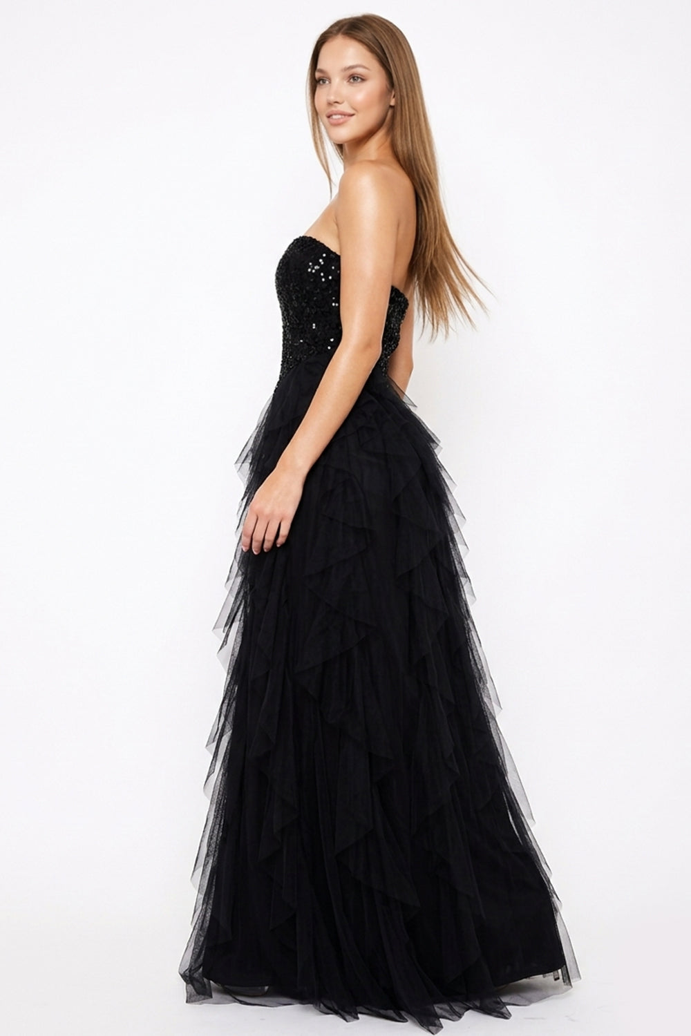Sequin On Lace With Layers Of Mesh Maxi Dress